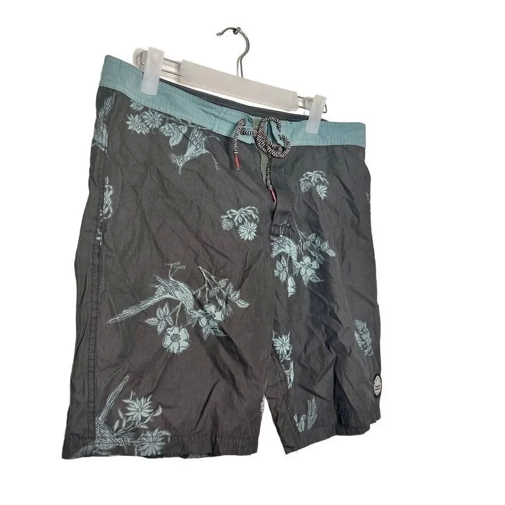Katin USA America's Surf Co. Floral Bird AOP Print Swim Board Shorts Black Sz 32